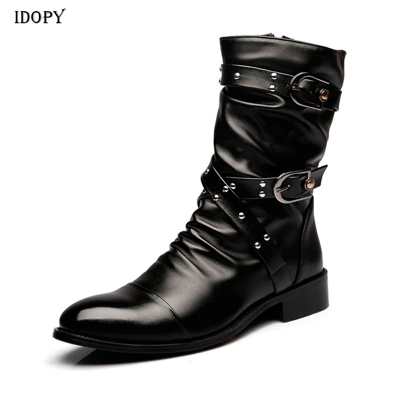 Idopy New Autumn Gothic Men Pointed Toe Stage Performance Faux Leather Boots Male Punk Leather High Heels Shoes Buckle Booties