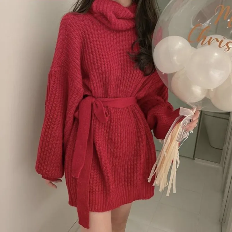 

Female Autumn Winter Casual Knitwear Dress Loose Two Piece Set Solid Mock Neck Thick Warm Knitted Pullover Women Long Sweaters