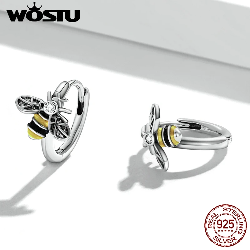 WOSTU 925 Sterling Silver Mini Bee Small Hoop Earrings For Women CZ Circle Small Earrings Lady Jewelry 2021 Yellow Black E1337