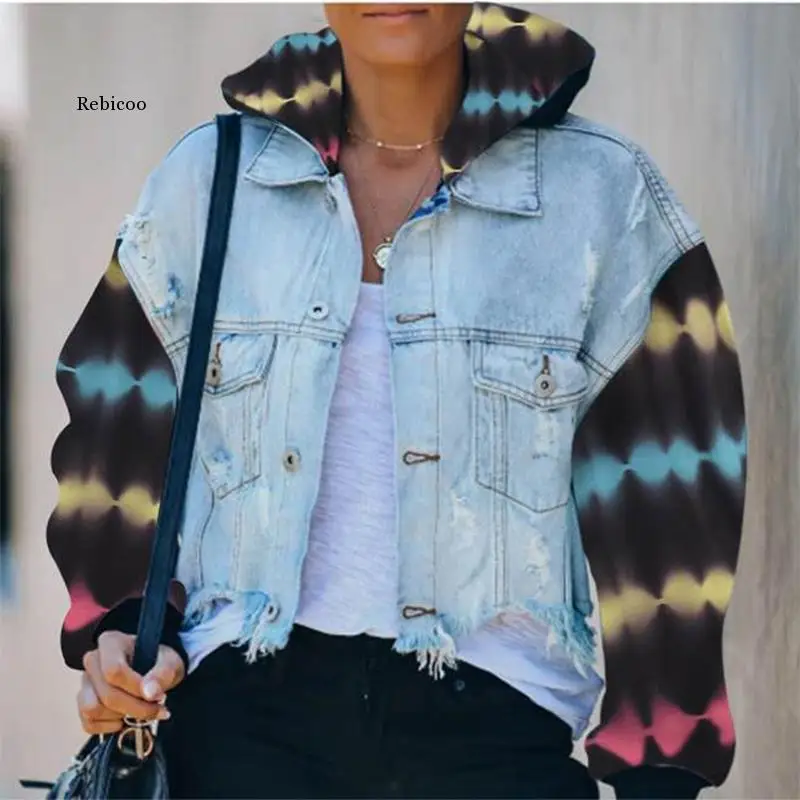 

Women's Tie Dye Hooded Autumn Denim Jackets Hole Batwing Sleeve Patchwork Pocket Coats Female Fashion Streetwear Lady Tops