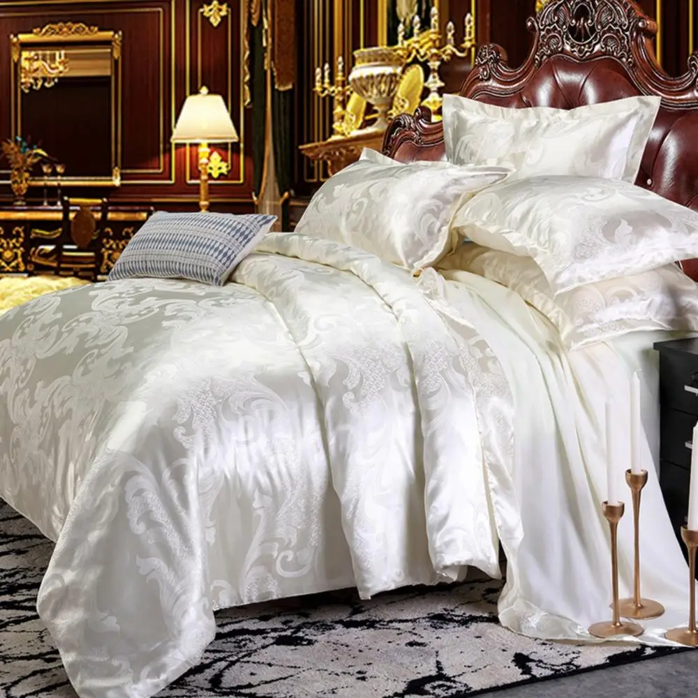 

40Dropshipping Wedding Luxury Bedding Sets Jacquard Queen/King Size Duvet Cover Set wedding Bedclothes Bed Linen Rice white