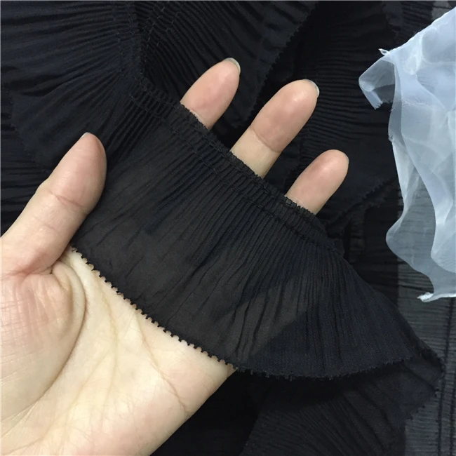 Luxury White Black Pleated Chiffon Folded Sewing Lace Fabric Ribbon Trim Edge For Dress Collar Fringe Applique Guipure Supplies