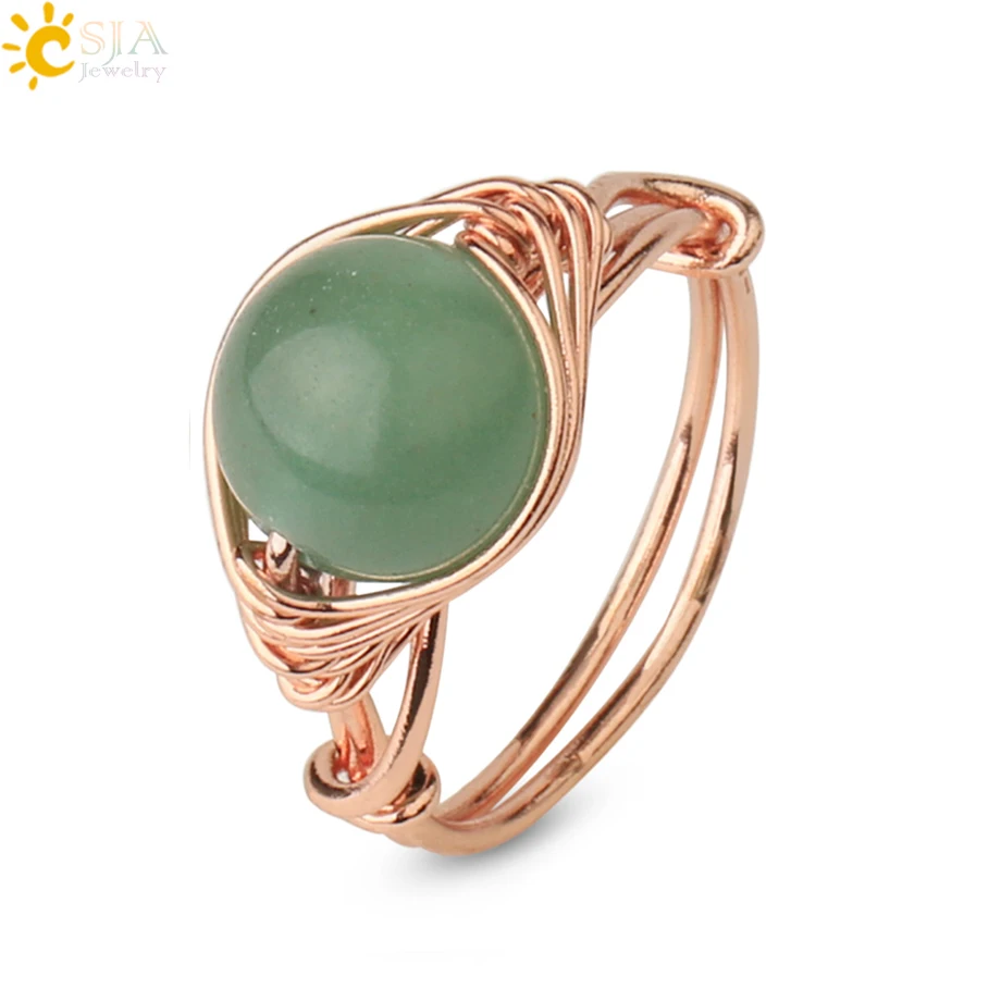 Round Natural Stone Ring Rose Gold Color Wire Wrap Handmade Opal Clear Quartz Obsidian Rock Crystal Finger Ring Healing G345