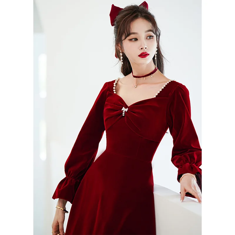 

Burgundy Velvet Evening Dress New Autumn Long Sleeve Bow Beading Slim A-Line Long Dresses Formal Femal Party Gowns