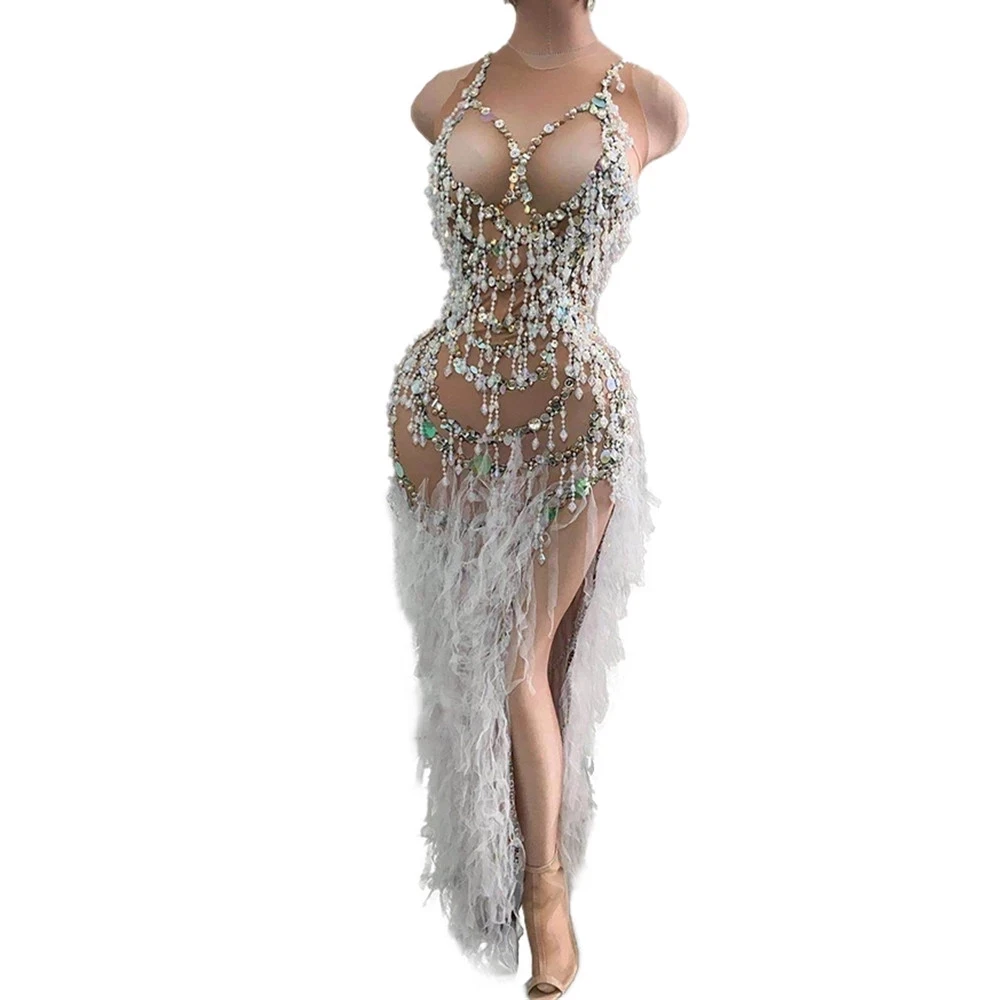 Pearl Tassel Mesh Dress Women Singer Prom Christmas Celebration High Split Long Dresssexy costumes Crystal Perspective Dresses