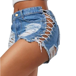 2023 yeni seksi yaz kadın Denim şort siyah mavi yüksek bel yırtık kısa kot pantolon Femme püskül Lace Up bandaj Hotpants