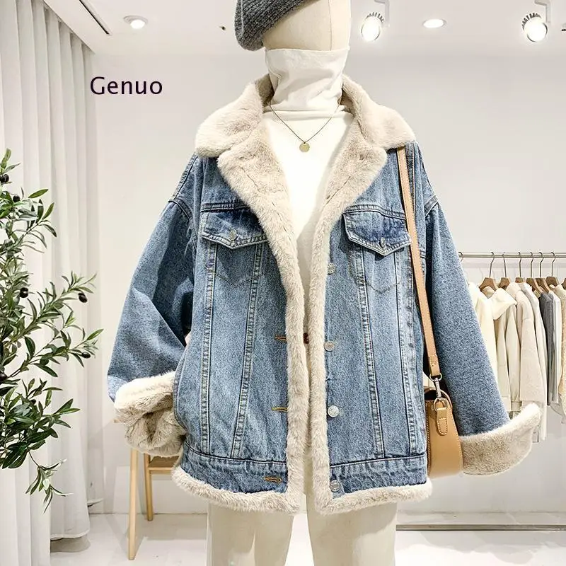 2021 Winter New Women's Padded Cotton Jackets Fashion Denim Patchwork Long Sleeve Plus Velvet Thickened Warm Jean Jackets