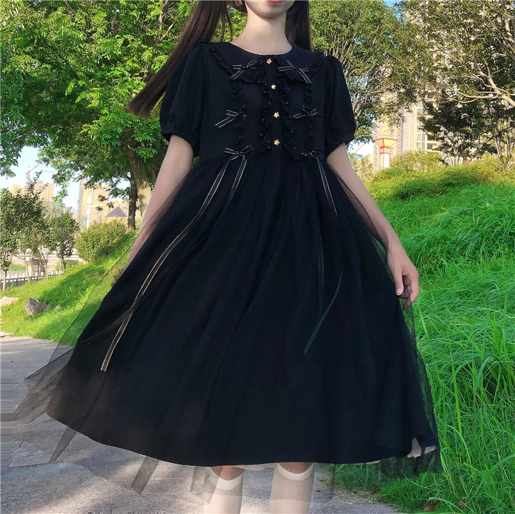 Japanse Zoete Pop Kraag Vintage Boog Stiksels Dark Hoge Taille Mesh Pluizige Jurk Vrouwen Zomer Victoriaanse Gothic Lolita Jurk