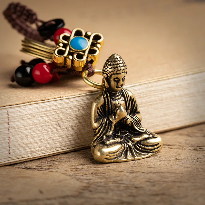 Antique Brass Buddha Figure Keychain Pendant Handmade Woven Rope Feng Shui Hanging Jewelry Ancient Five Emperors Coins Lanyard