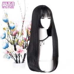 WTB สังเคราะห์ผมยาวตรงสีดำ Lolita Wigs กับ Bangs สำหรับผู้หญิงแฟชั่นผู้หญิงคอสเพลย์ปาร์ตี้คริสต์มาส Wigs Multicolor