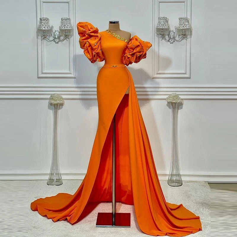 Orange One Shoulder Prom Dresses 2021 Summer Puff Short Sleeves Sexy Side Slit Evening Dress Cheap Satin Cocktail Party Gowns