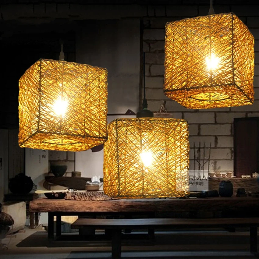 Hemp Rattan Square Bird's Nest Pendant Lights Chinese LED Dining Room Restaurant Lamp Southeast Asian Decorated Hanging Lights