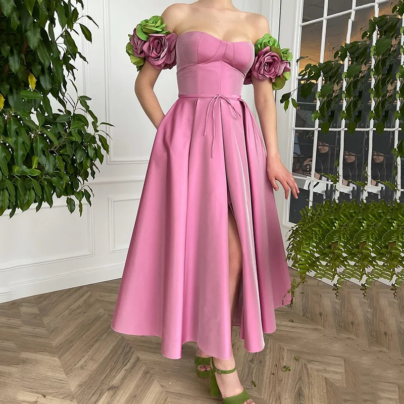 Modest Short Prom Dresses Pink Cap Sleeves Handmade Green Flowers Arabic Evening Wedding Party Gowns 2021 Graduation Dress