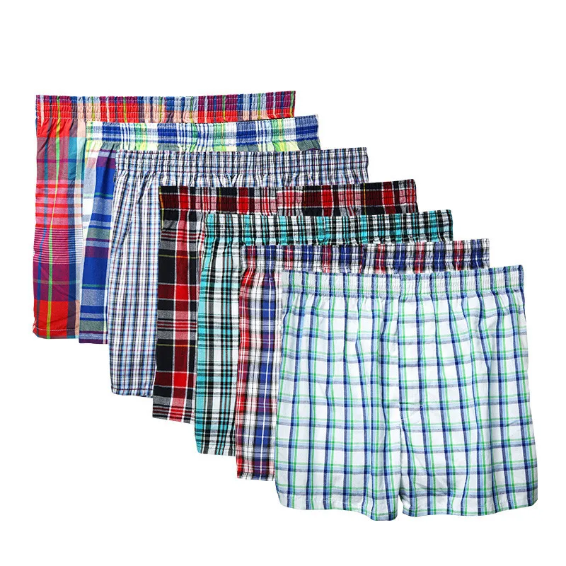 100% Cotton 4 Pcs Men\'s panties Underwear male Boxers Shorts Casual Sleep Underpants Plaid Loose Comfortable Homewear Striped