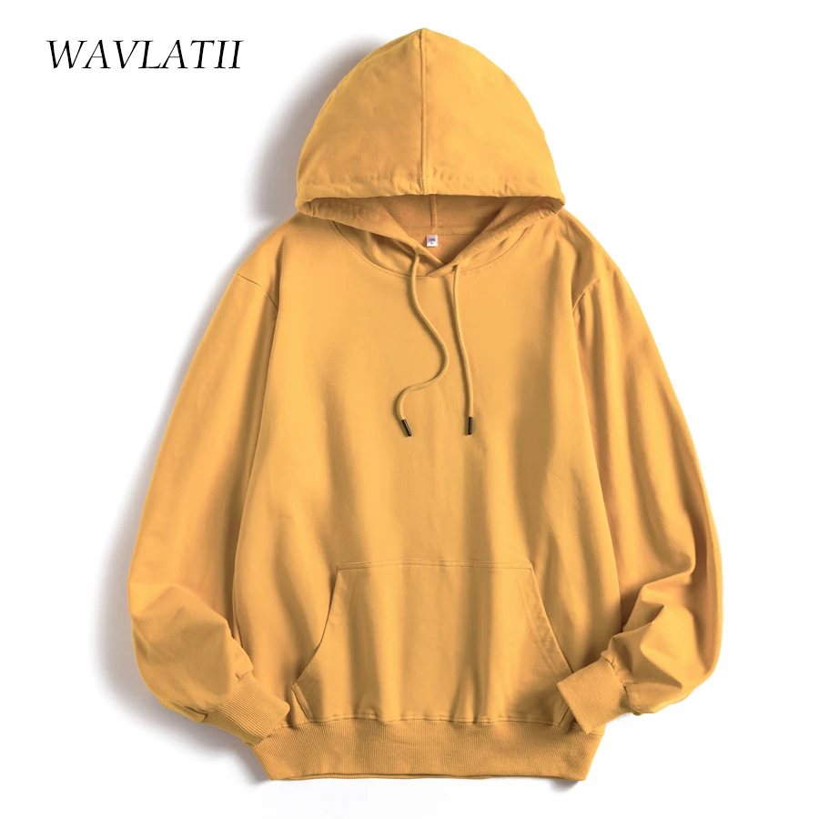 WAVLATII New Women Cotton Terry Hoodies Lady Casual Hooded Sweatshirts Female Blue Green Tops WH2101