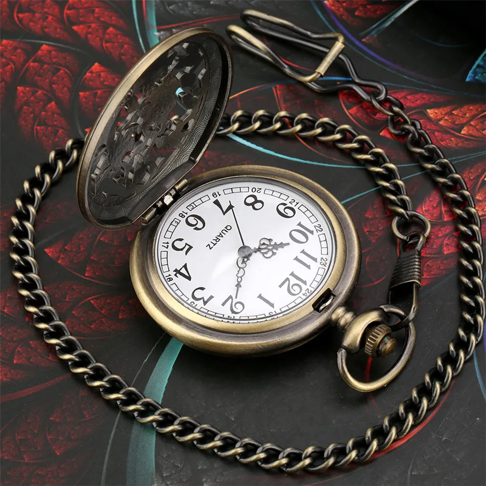 Engraved Bronze Flowers Cover Pendant Pocket Watch Quartz Movement Retro Sweater Chain Necklace Antique Pocket Clock