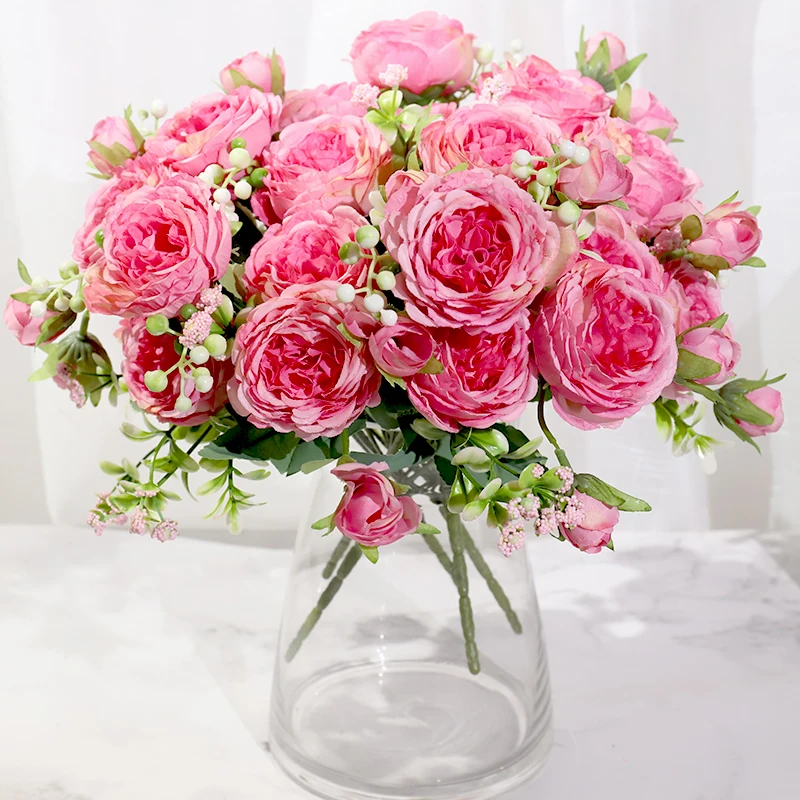 Pink Silk Peony Artificial Flowers Rose Wedding Home DIY Decor High Quality Big Bouquet Foam Accessories Craft White Fake Flower