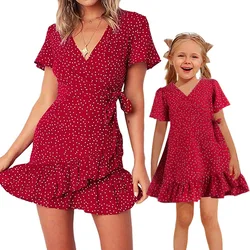 2023 Red Mom and Daughter Dot Short Sleeve Dress Clothes Family Look Matching Outfits Wedding Party Mommy and Me V Neck Dresses