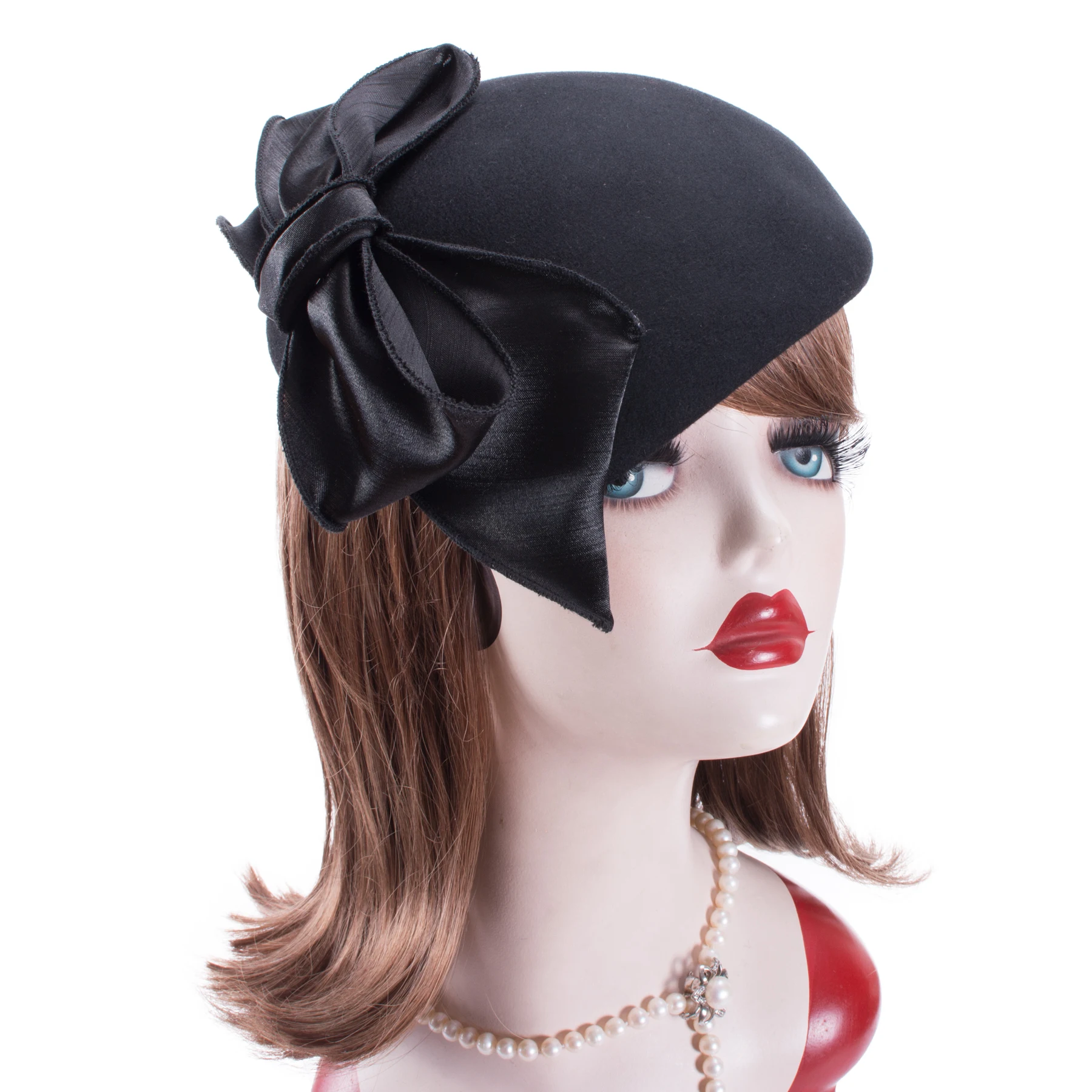 Lawliet Satin Bow Womens British Style Teardrop Wool Felt  Fascinator Hat Tam Beret Casque Cocktail Hat A598