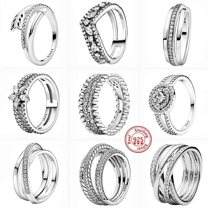 

Real 925 Sterling Silver Pavé Interlaced Three Rings Shine Snowflake Double Rings Fit Original Brand DIY Charms European Jewelry