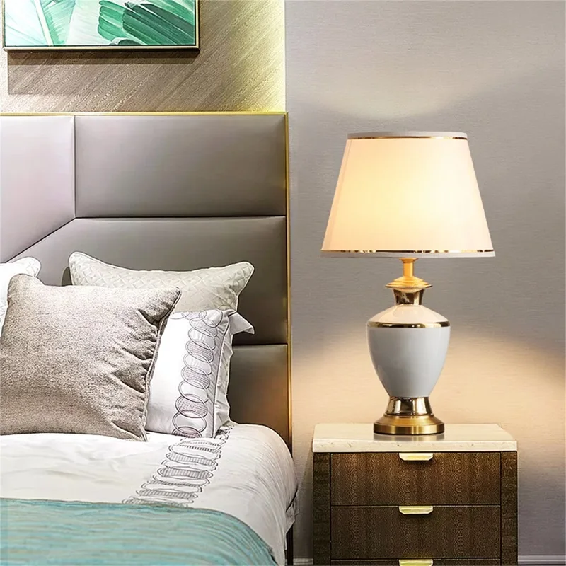 OURFENG Modern Table Lamp Green Ceramic Luxury Bedside Desk Light Copper LED Home For Foyer Office Bed Room
