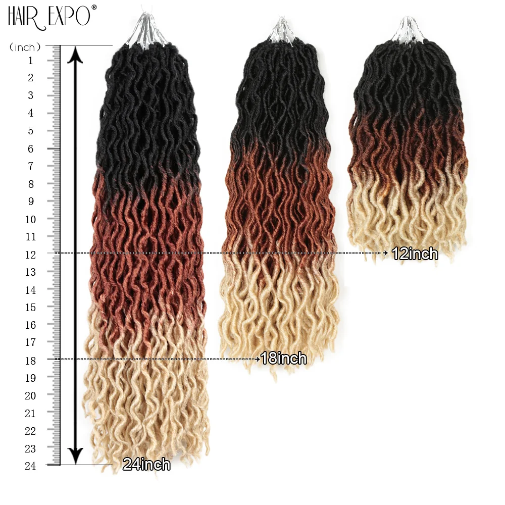 Sintético Faux Locs para Mulheres Negras, Tranças De Crochê, Onda De Cabelo, Ombre, Soft Afro Curly Dreadlocks, Extensões De Cabelo, 18 Em, 24 Em