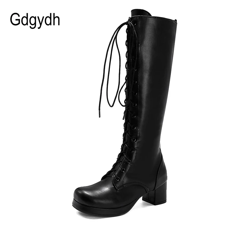 Gdgydh 2022 Autumn Lace-Up Women Motorcycle Boots Square To Low Heels Knee High Boots Winter Female Footwear Plus Large Size