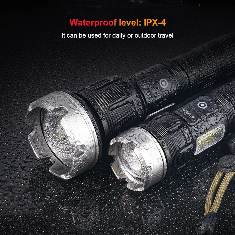 Super Bright XHP90 Zoomable LED Flashlight 4500 Lumens 4-Core Torch COB Side Work Light Waterproof Lantern Outdoor Power Bank