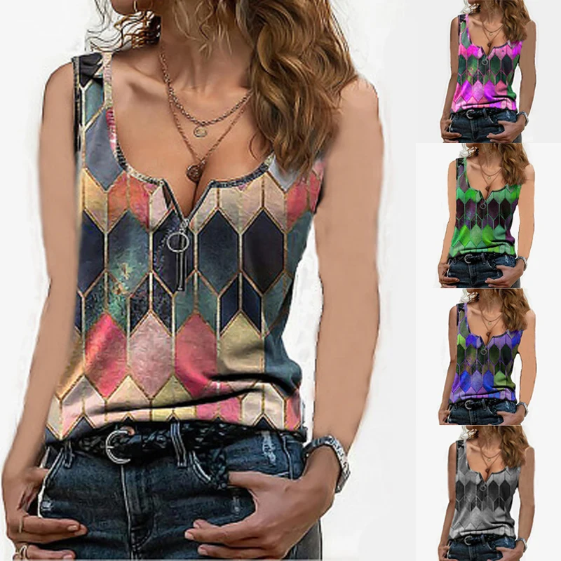 Casual comfortable  Vintage Vest Tops Women's Summer Sleeveless Fashion Blouse Geometric Print  Zip image 6