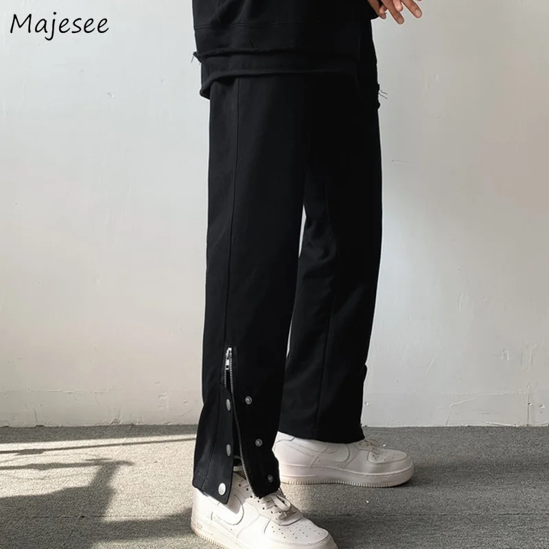 

Men Ankle-length Casual Pants Solid European Style Cargo High Street Hip-hop Buttons Side-slit Designed Retro Hipsters Simple