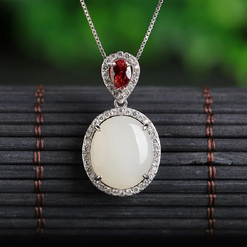 Vintage Natural Hetian Jade Pendant National Style 925 Sterling Silver Inlaid 12*14 Large Egg Face White Jade Pendant