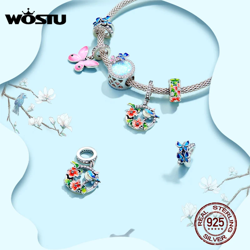 

WOSTU 925 Sterling Silver Colorful Spring Charm Bird & Flower Pendant Fit Original Bracelet DIY Necklace Pendant Jewelry