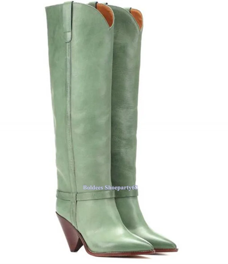 

Strange High Heeled Pointed Toe Fashion Light Green Leather Woman Knee High Boots Designer Spike Heeled Long Rain Botas