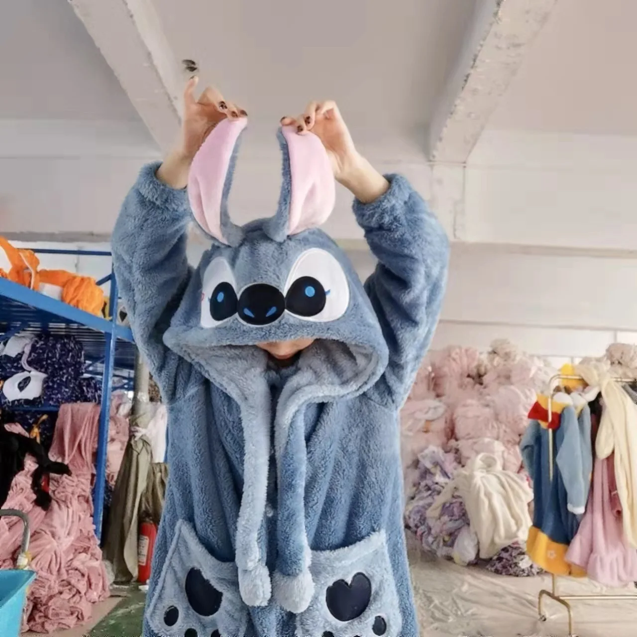 Kawaii Cartoon Rabbit Police Officer Blue Flannel Thickened Long Nightgown For Men Women With Ear Warm Coral Fleece Home Service