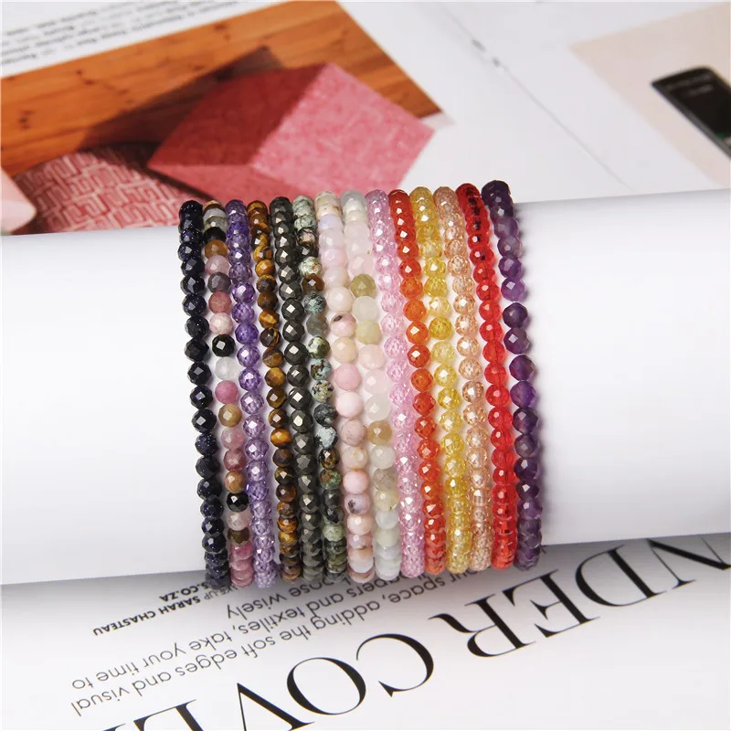 4mm Faceted Zircon Beaded Bracelets Stretch Small Natural Crystal Stone Bracelet For Women Men Shiny Jewelry Thin Bangles Gift