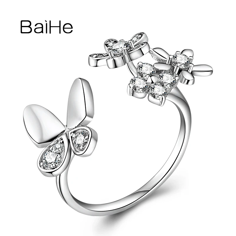 BAIHE Solid 18K White/Yellow/Rose Gold H/SI Natural Diamond Trendy Butterfly Flower Ring Women Fine Jewelry Wedding Kольцa