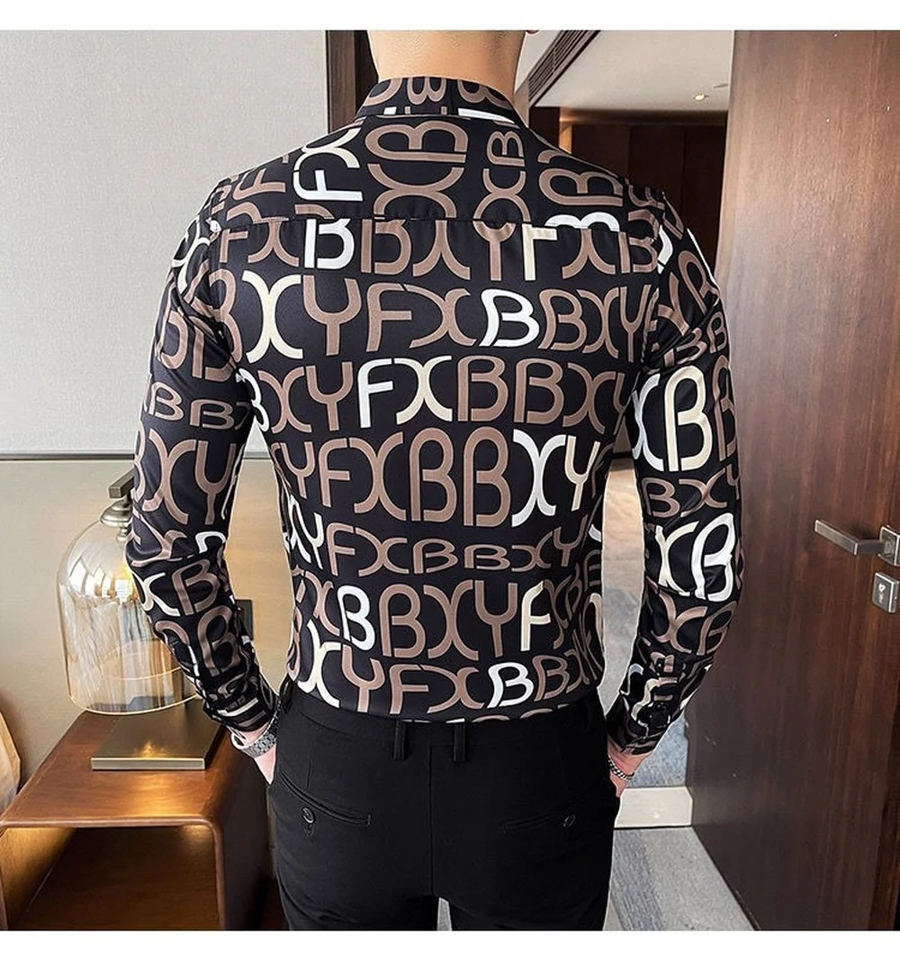 Men's Lapel Button Long-sleeved Shirts,Silky Slim Casual Shirts,Korean Men's Long-sleeved Printed Shirts Fashion Clothing Trends
