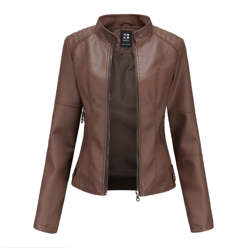 Chaqueta ajustada de cuero para mujer, chaqueta de PU fina, ropa de motocicleta para mujer, talla grande, cuello alto, Primavera, nuevo