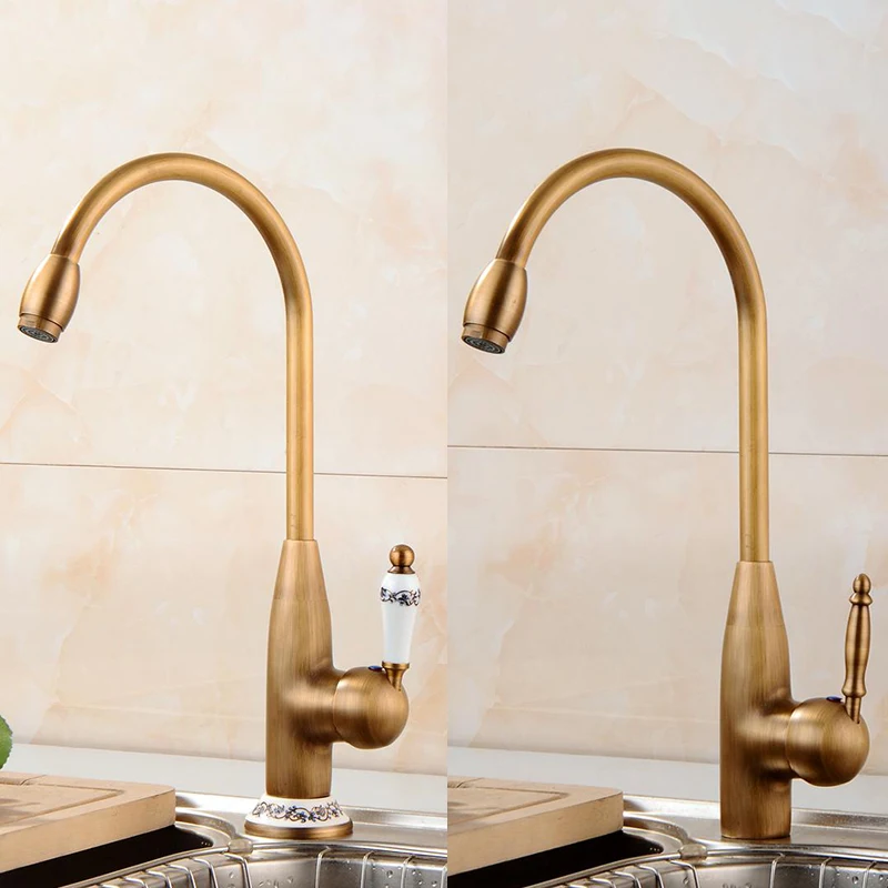 Antique Brass Finish Kitchen Faucet Bronze Single Handle Hot and Cold Water Sink Tap 360 Swivel Bathroom Sink Mixer Taps EK5013