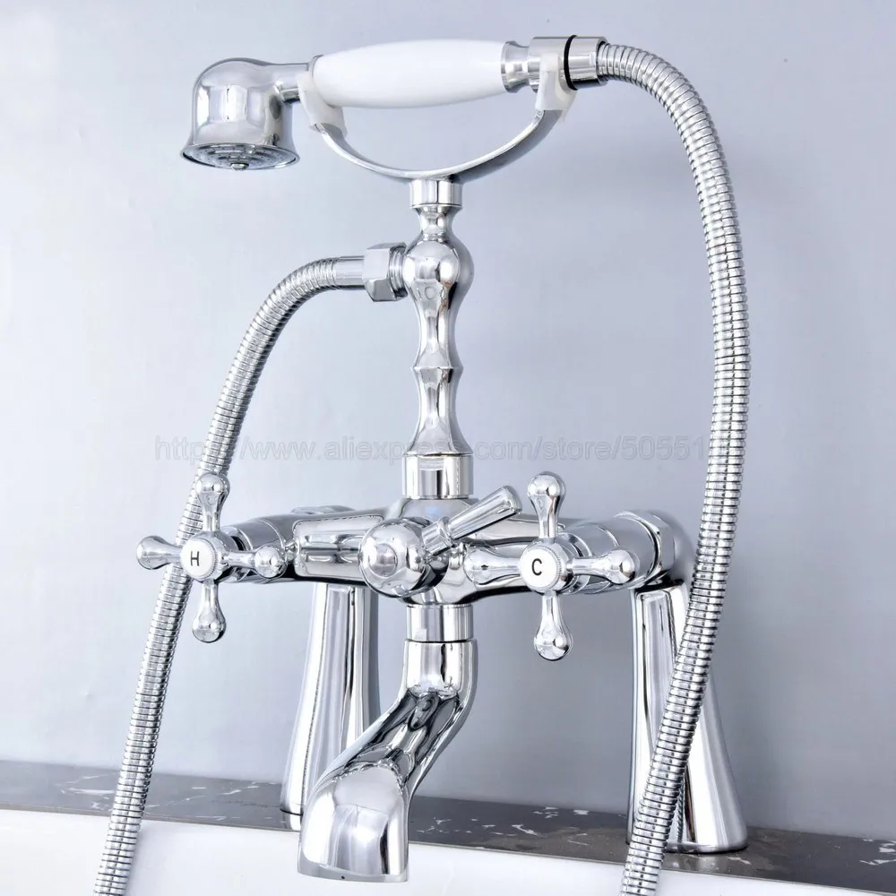 

Deck Mounted Polished Chrome Double Handle Bathroom Bathtub Faucet with Handheld Spray Shower Hot and Cold Water ztf771