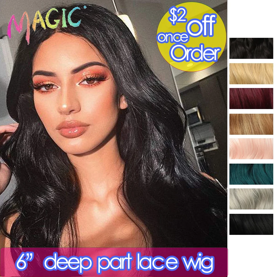 

Magic Synthetic Lace Wig Long Body Wave Wigs Middle Part Cosplay Wigs For Women Black Blonde Red Pink Color Wig Cosplay