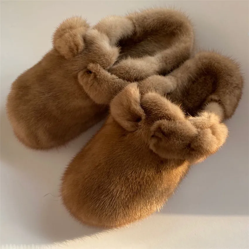 Women\'s Fur Slippers 100% Mink Fur Slippers Winter Fashion Warm Plush Flat Shoes 2023 New Indoor Slippers