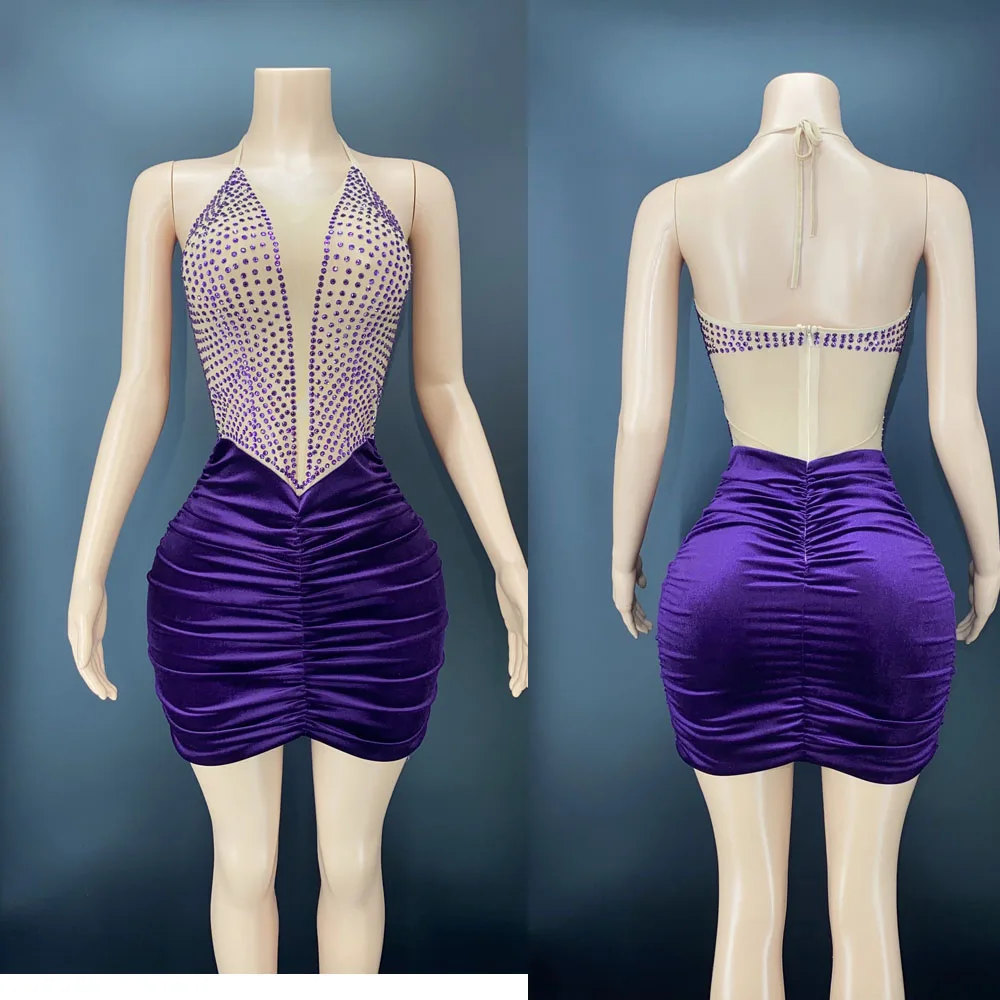 

Fashion Purple Rhinestones Velvet Dress Evening Birthday Party Celebrate Show Outfit Nightclub Dance Costume