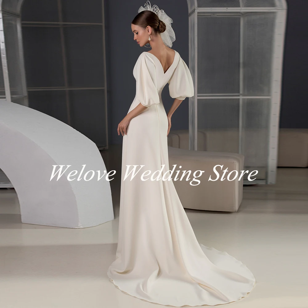 Simple Floor Length Wedding Dress For Bride Puff Sleeves V Neck Empire Floor Length Bridal Gown Backless Civil Robe De Mariee