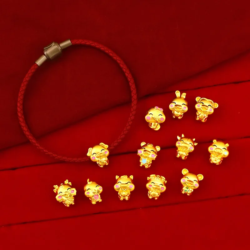QEENKISS Gold 12 Zodiac Bead Pendant For Women Kids Animal Rat Ox Rooster Rabbit Charm Wedding Party DIY Accessories Gift PD20