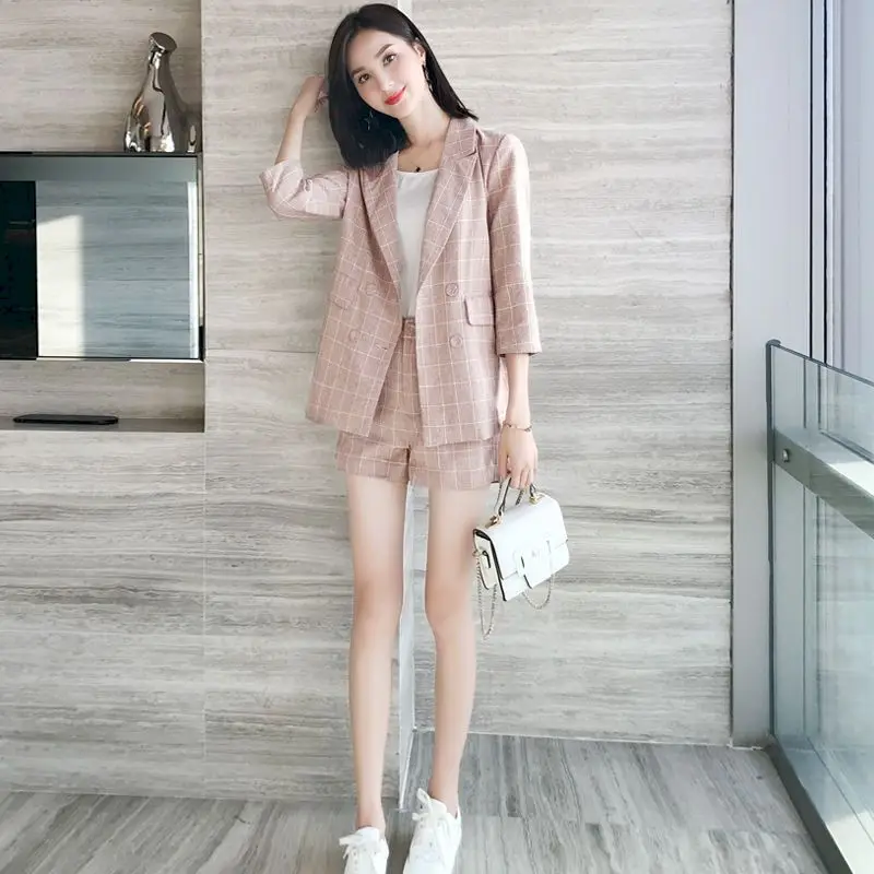 

Women's Suits 2024 New Large Size Korean Plaid Small Suit Suit Female Summer Spring Net Trend Casual Jacket Shorts Two Piece Set