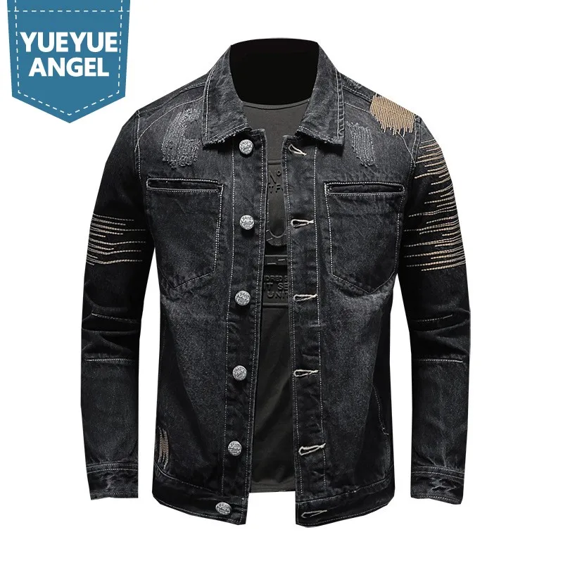 

Spring New Mens Vintage Embroidery Denim Jacket Single Breasted Cowboy Coat Fashion Slim Fit Man Biker Jean Jackets Big Size 5XL