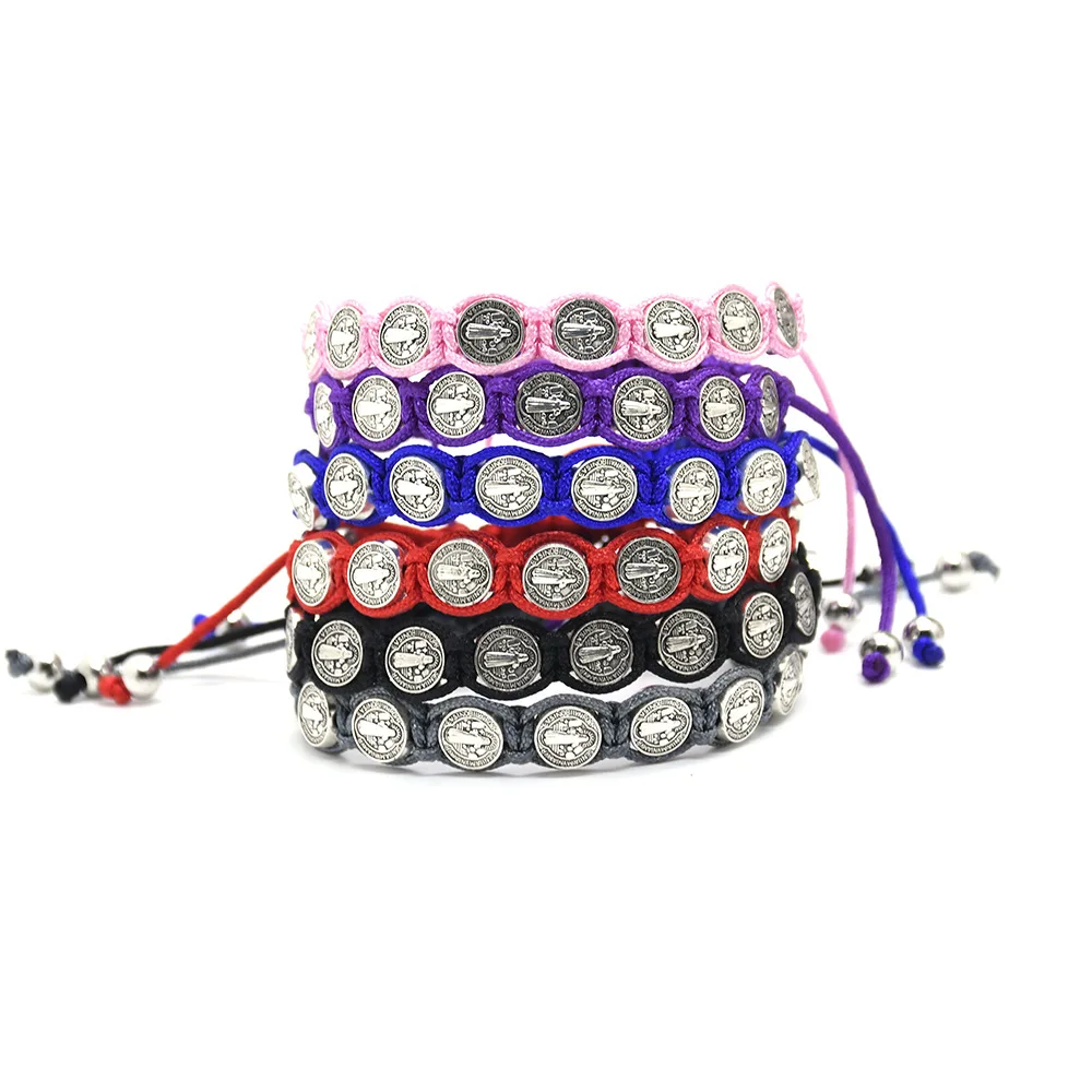 QIGO Woven Bracelets For Men Women Vintage Saint Benedict's Adjustable Rope Religous Jewelry Black Red Pink