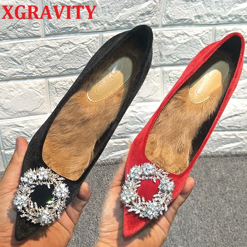 XGRAVITY 2021High Heels Ladies Winter Warm Shoes Fashion Rabbit Fur Woman Shoes Sexy Ladies Pointed Toe Bridal Shoes Party C097