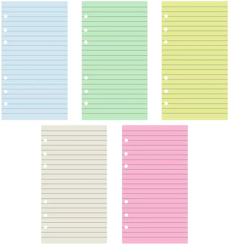 A6 Colorful 6-Hole Refills Inserts, 5-Color Loose Leaf Planner Filler Paper for Personal Organizer Binder, 50 Sheets/100 Pages